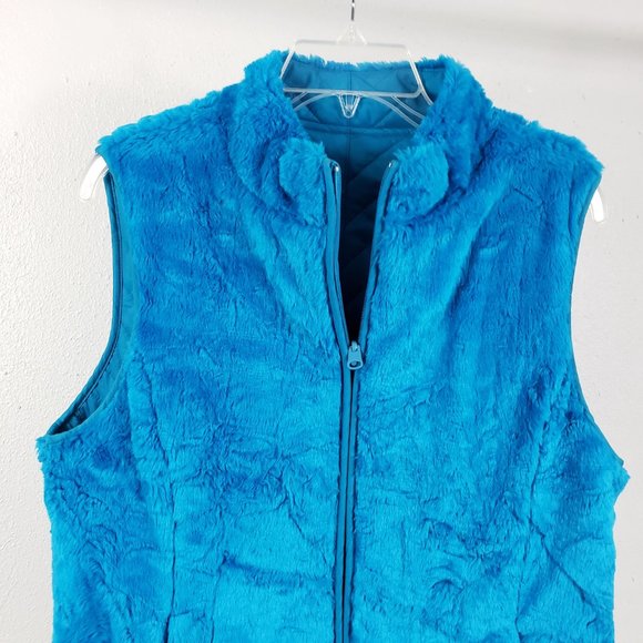Women's Turquoise Lined Faux Fur Full Zip Inner Outer Pockets Jacket Coat Vest - Picture 2 of 12